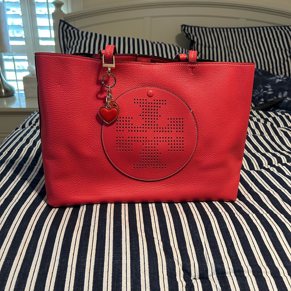 Tory Burch Vibrant Red Tote with Heart Charm